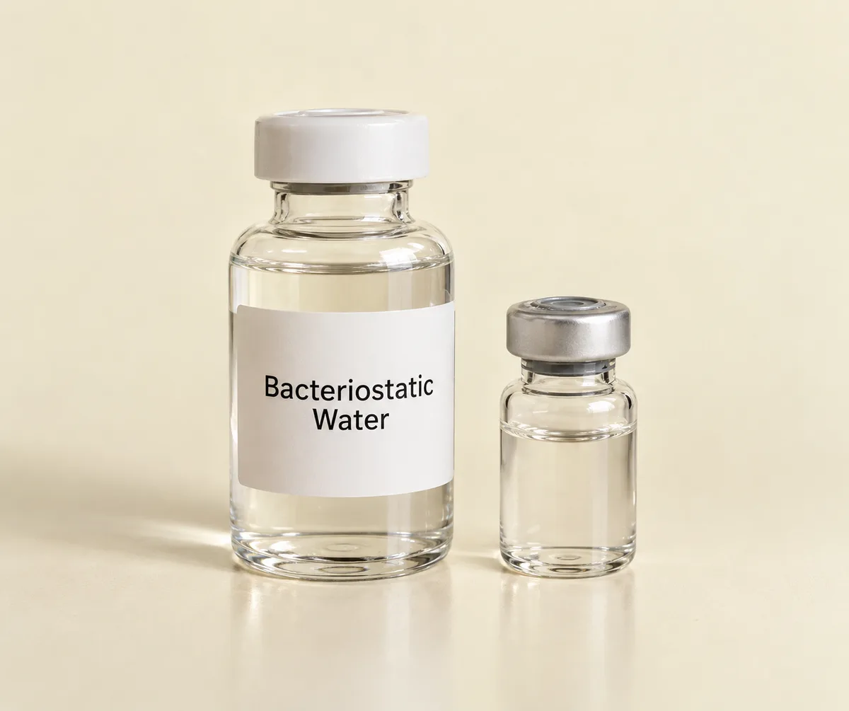 30 ml bacteriostatic water vial beside a peptide vial